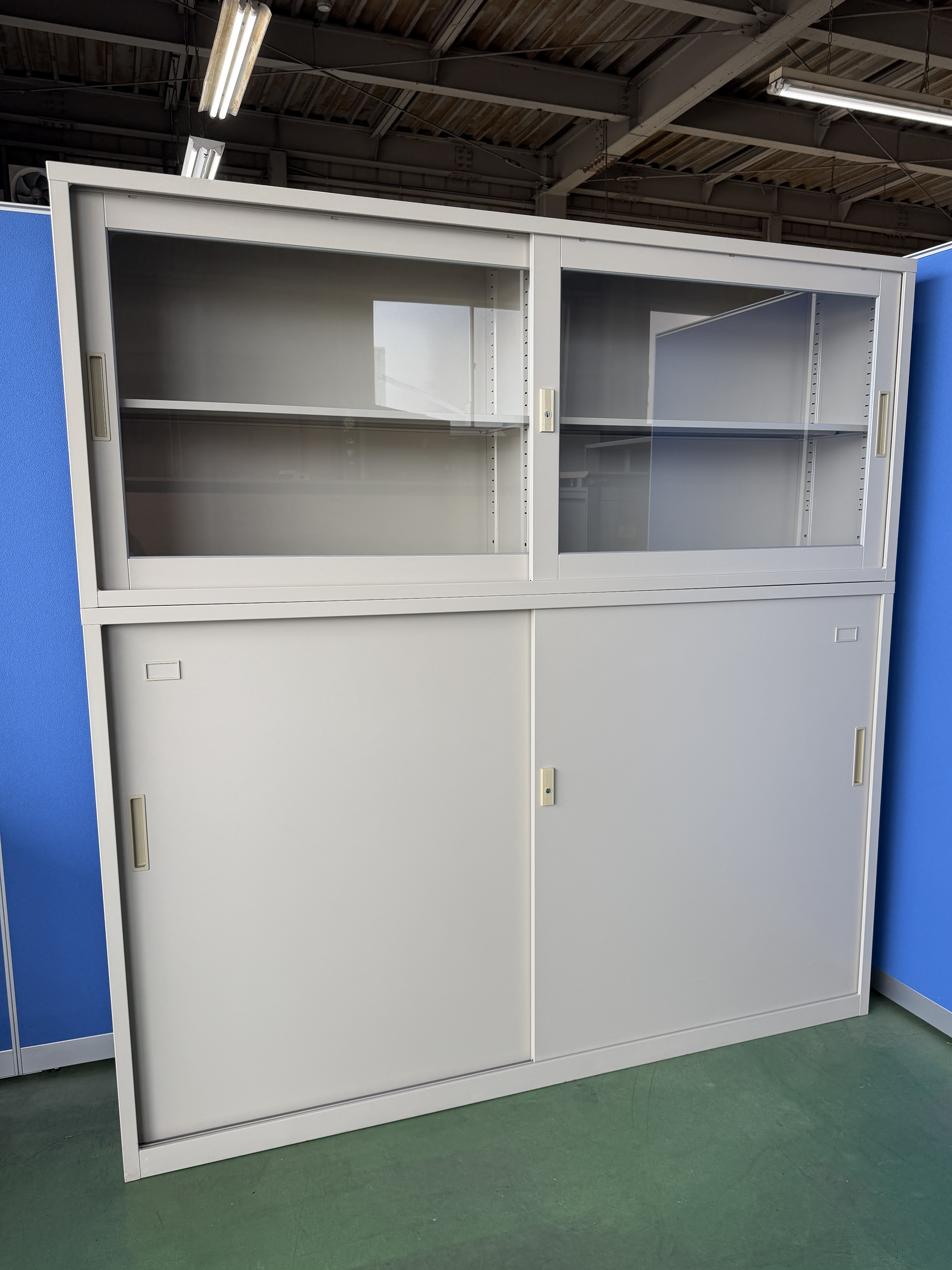 TOYO　引き戸書庫　ニューグレー　W1800×D400×H1850　上下セット［652］